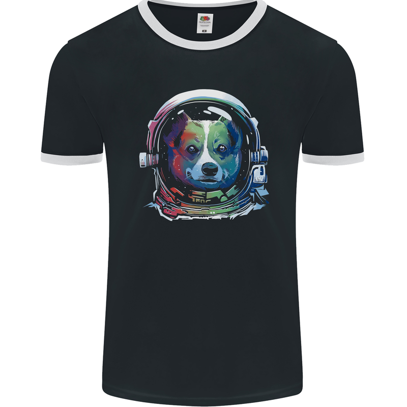 Corgi Astronaut Dog Mens Ringer T-Shirt FotL Black/White