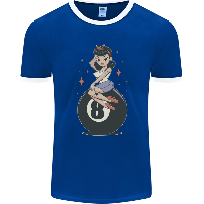 8-Ball Pinup Pool Mens Ringer T-Shirt FotL Royal Blue/White