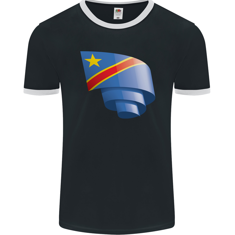 Curled DR Congo Flag Congolese Day Football Mens Ringer T-Shirt FotL Black/White