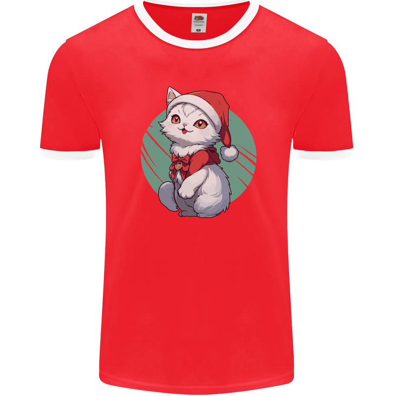 Christmas Cat With Green Background Mens Ringer T-Shirt FotL Red/White