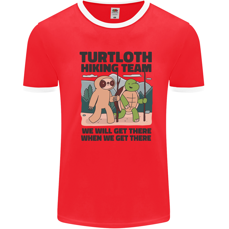 Turtloth Hiking Team Hiking Turtle Sloth Mens Ringer T-Shirt Red/White