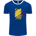 Torn Romania Flag Romanian Day Football Mens Ringer T-Shirt FotL Royal Blue/White