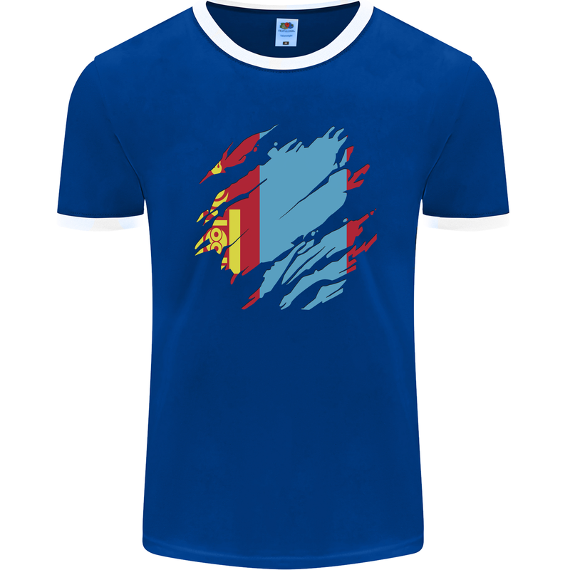 Torn Mongolia Flag Mongolian Day Football Mens Ringer T-Shirt FotL Royal Blue/White