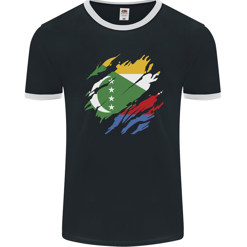 Torn Comoros Flag Comorian Day Football Mens Ringer T-Shirt FotL Black/White