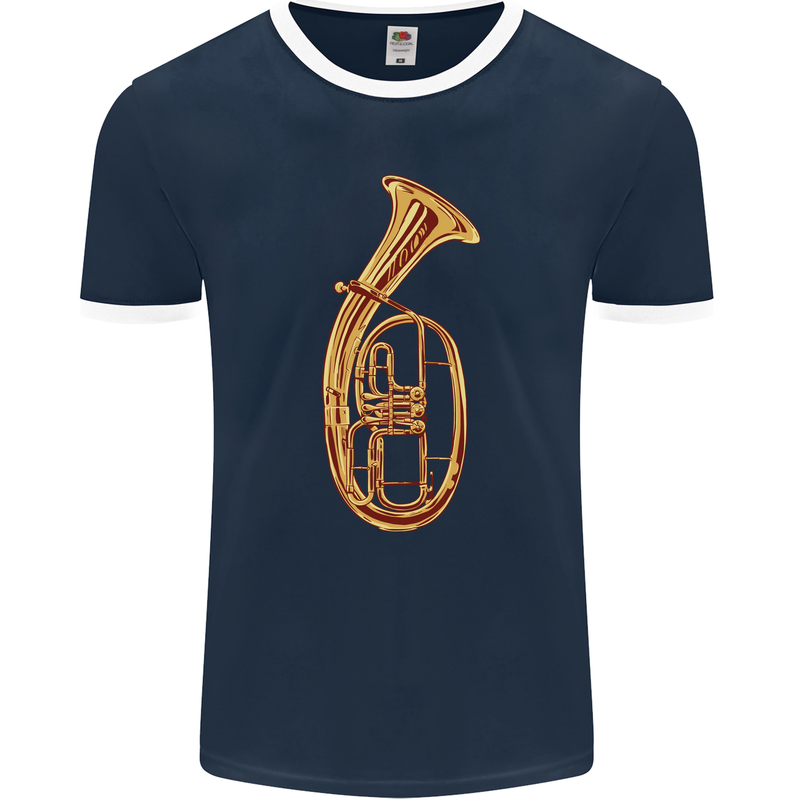 Tenorhorn Brass Musical Instrument Mens Ringer T-Shirt FotL Navy Blue/White