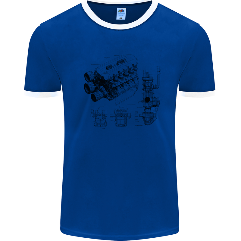 Car Engine Blueprints Petrolhead Mens Ringer T-Shirt Royal Blue/White