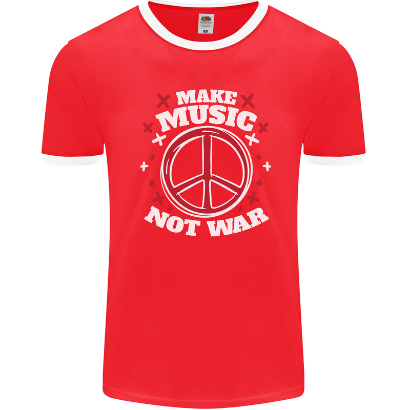 Make Music Not War Peace Hippy Rock Anti-war Mens Ringer T-Shirt FotL Red/White