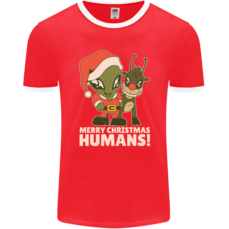 Merry Christmas Humans Funny Alien & Rudolf Xmas Mens Ringer T-Shirt FotL Red/White