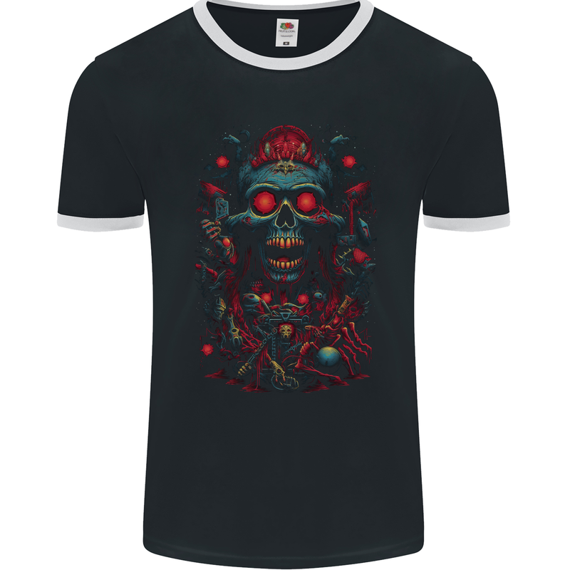 Evil Night Demon Skull Mens Ringer T-Shirt FotL Black/White