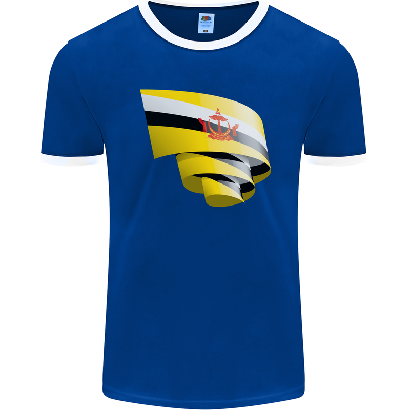 Curled Brunei Flag Bruneian Day Football Mens Ringer T-Shirt FotL Royal Blue/White