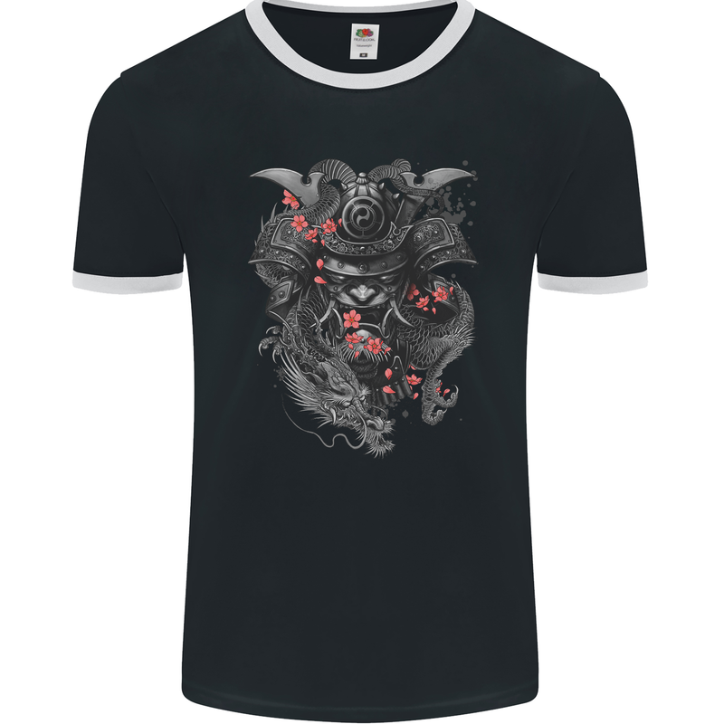 A Samurai Head with Dragons Warrior MMA Mens Ringer T-Shirt FotL Black/White