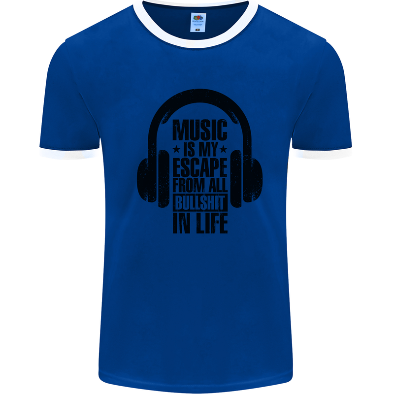 Music Is My Escape From B/S in Life Rock Mens Ringer T-Shirt Royal Blue/White