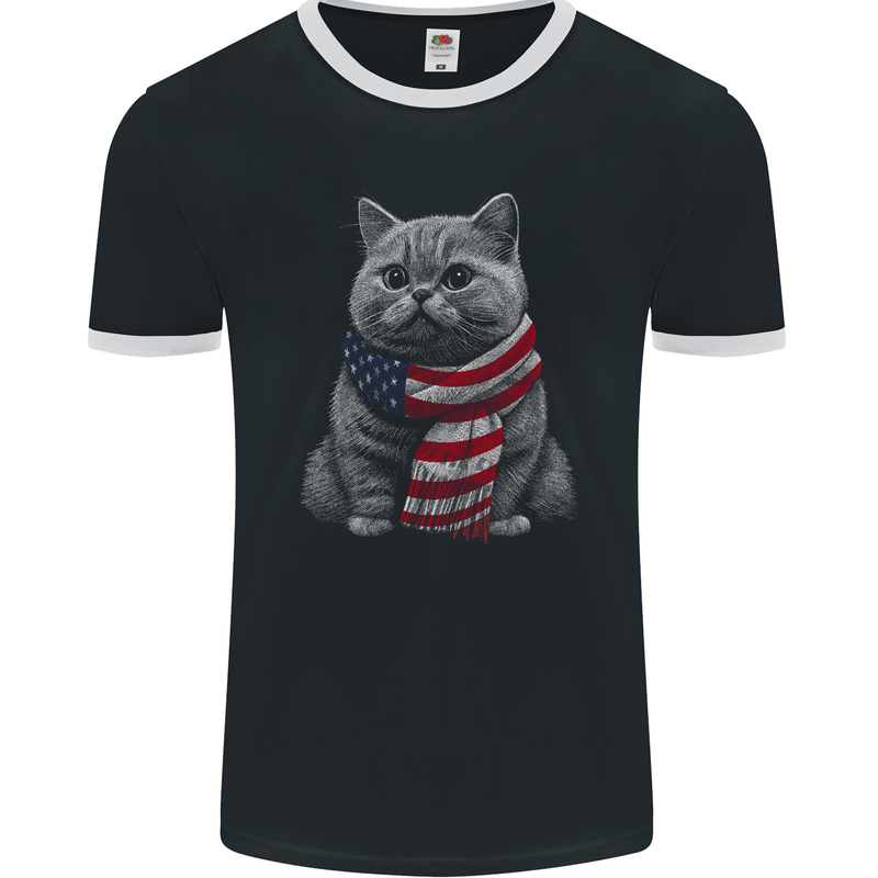 Cat in USA Scarf American Flag Mens Ringer T-Shirt FotL Black/White