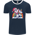 Christmas Santa Claus On a Unicorn Xmas Mens Ringer T-Shirt FotL Navy Blue/White