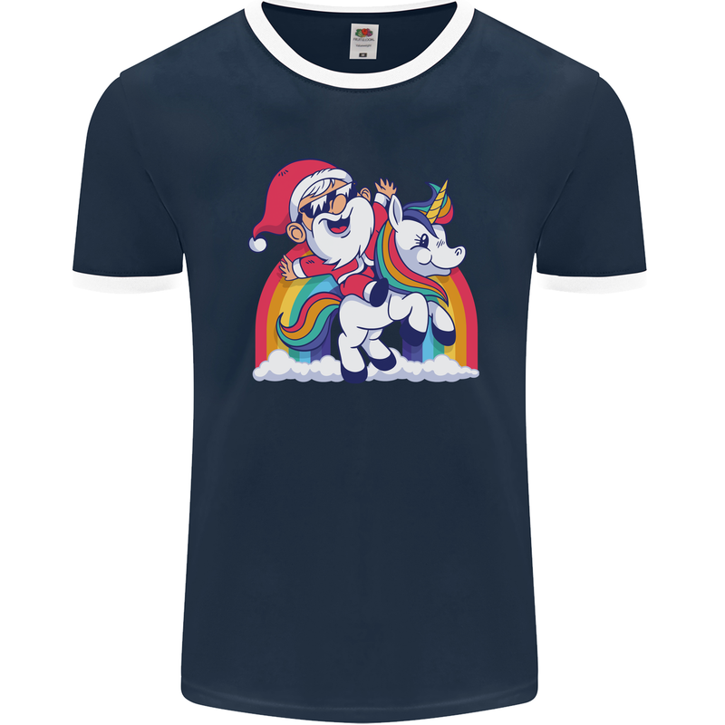 Christmas Santa Claus On a Unicorn Xmas Mens Ringer T-Shirt FotL Navy Blue/White