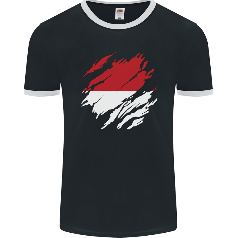 Torn Indonesia Flag Indonesian Day Football Mens Ringer T-Shirt FotL Black/White