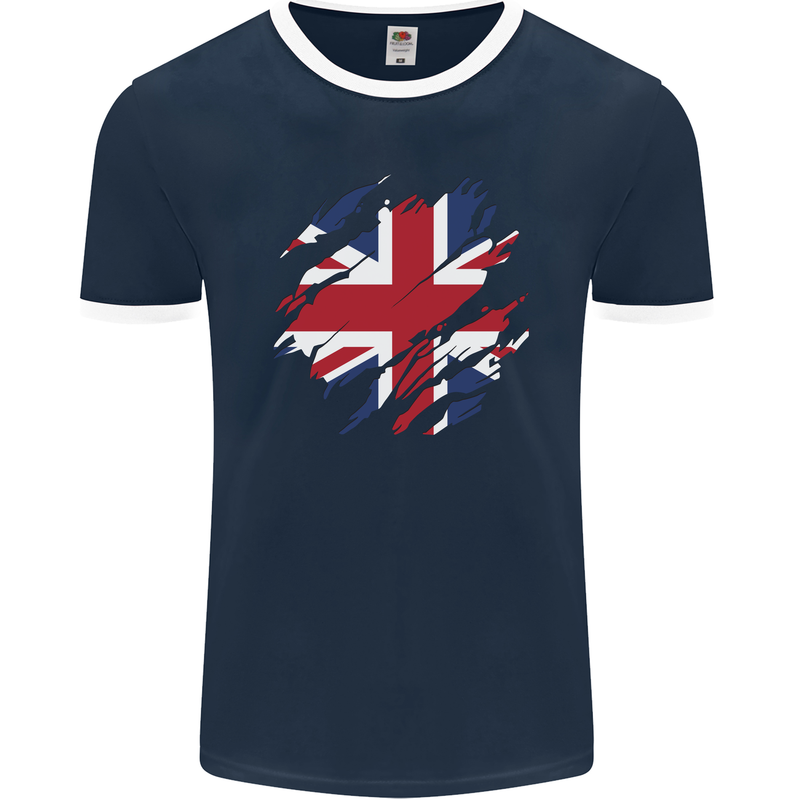 Torn British Flag Union Jack Britain Mens Ringer T-Shirt FotL Navy Blue/White