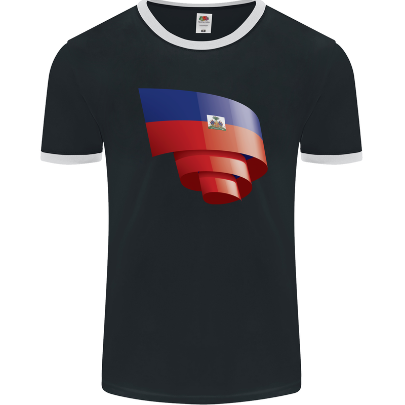 Curled Haiti Flag Haitian Day Football Mens Ringer T-Shirt FotL Black/White