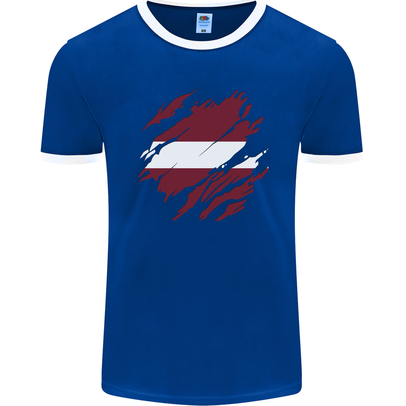 Torn Latvia Flag Latvian Day Football Mens Ringer T-Shirt FotL Royal Blue/White