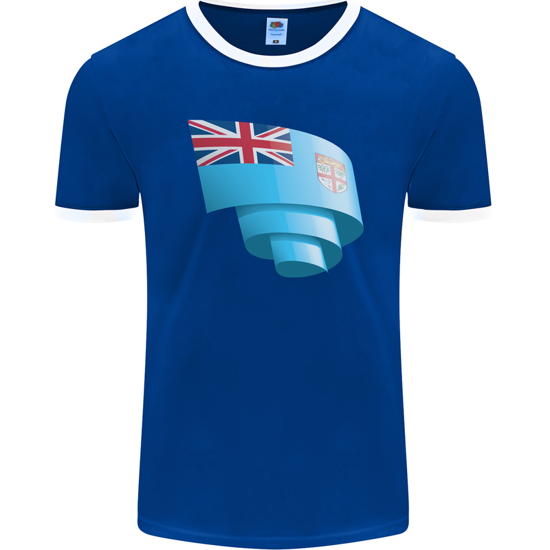 Curled Fiji Flag Fijian Day Football Mens Ringer T-Shirt FotL Royal Blue/White