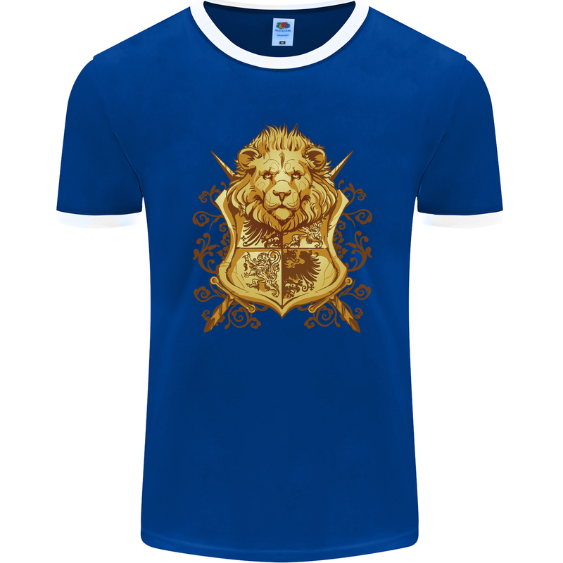 A Heraldic Lion Shield Coat of Arms Mens Ringer T-Shirt FotL Royal Blue/White