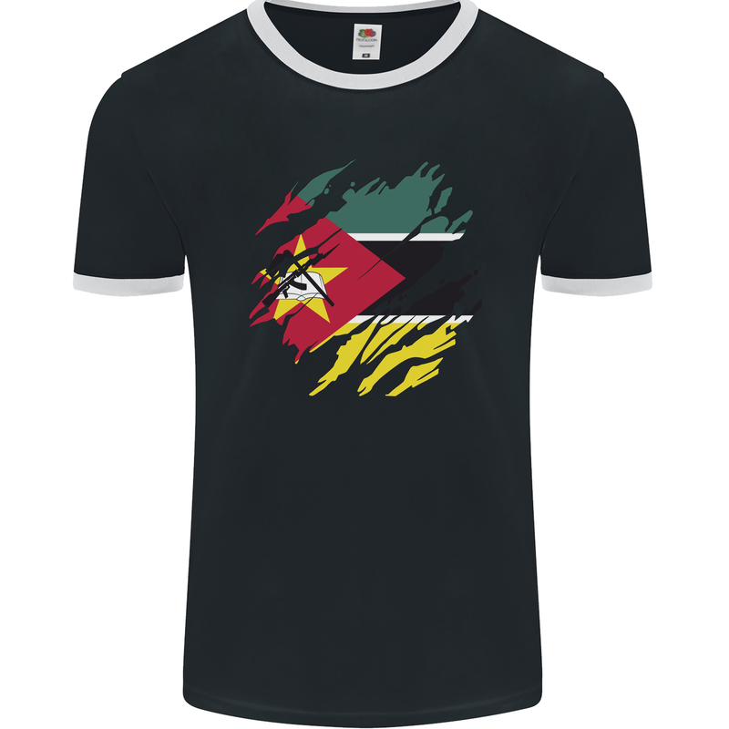 Torn Mozambique Flag Mozambican Day Football Mens Ringer T-Shirt FotL Black/White