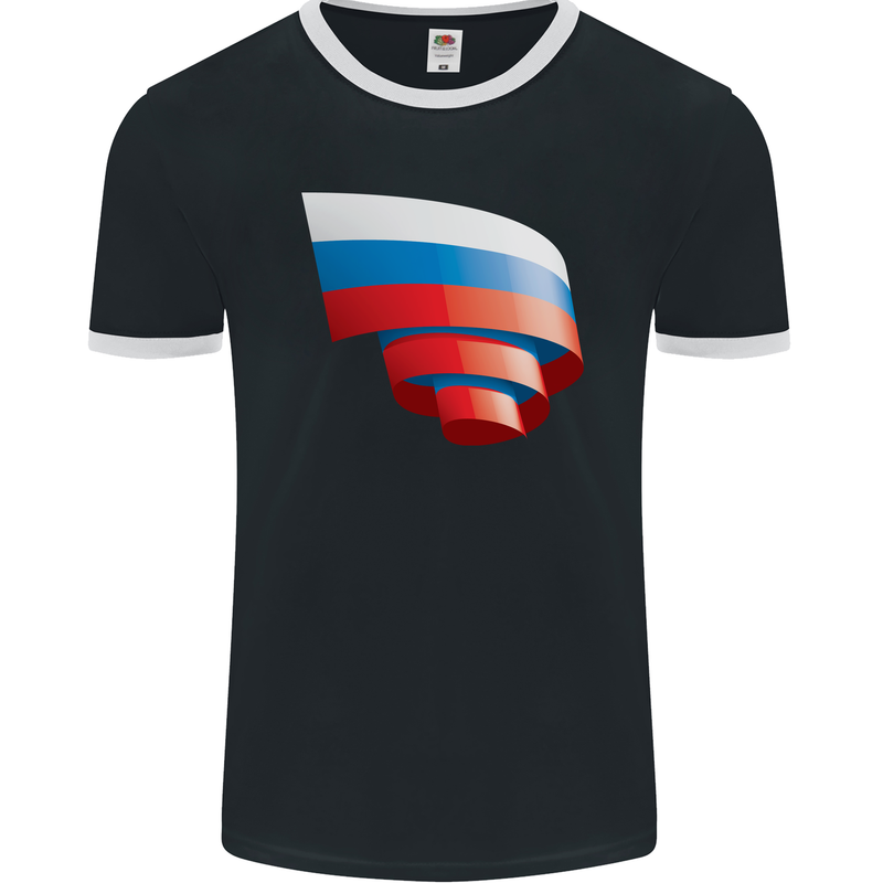 Curled Russia Flag Russian Day Football Mens Ringer T-Shirt FotL Black/White