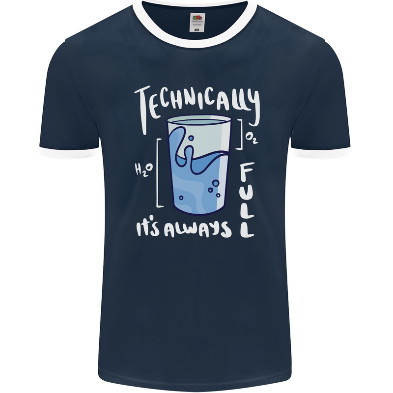 Technically the Glass is Always Full Science Nerd Mens Ringer T-Shirt FotL Navy Blue/White