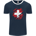 Torn Switzerland Flag Swiss Day Football Mens Ringer T-Shirt FotL Navy Blue/White