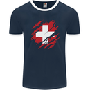 Torn Switzerland Flag Swiss Day Football Mens Ringer T-Shirt FotL Navy Blue/White