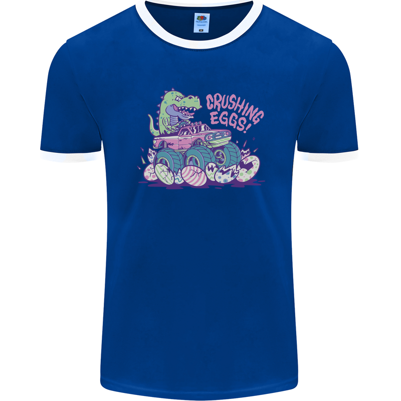 Crushing Eggs Easter T-Rex Dinosaur Monster Truck Mens Ringer T-Shirt FotL Royal Blue/White