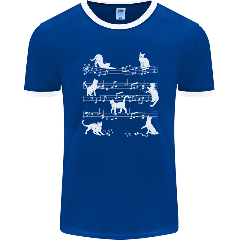 Cat Music Musical Notes Piano Guitar Mens Ringer T-Shirt FotL Royal Blue/White