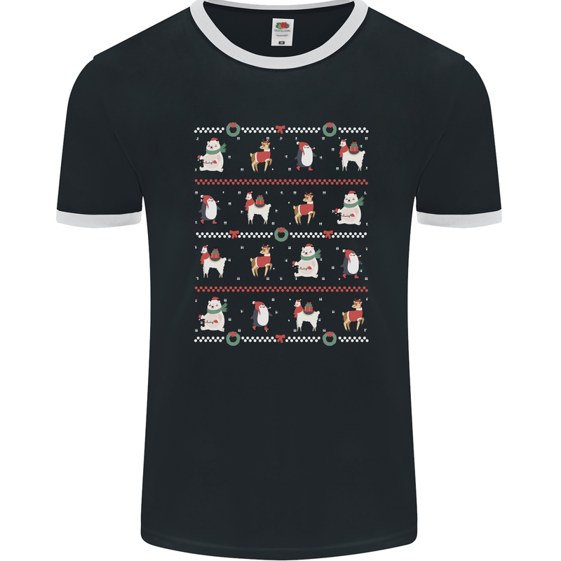 Christmas Penguin Llama Reindeer Bear Xmas Mens Ringer T-Shirt FotL Black/White