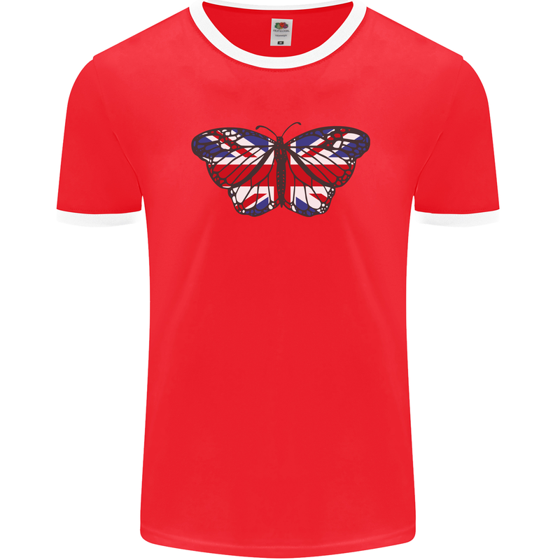 Union Jack Butterfly British Britain Flag Mens Ringer T-Shirt FotL Red/White