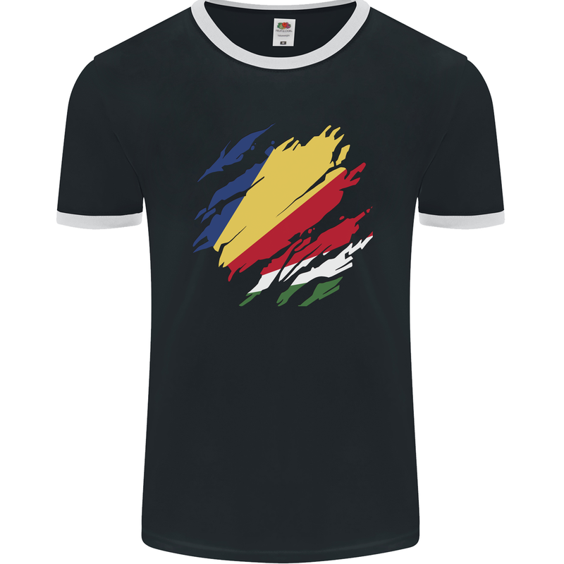 Torn Seychelles Flag Seychellois Day Football Mens Ringer T-Shirt FotL Black/White