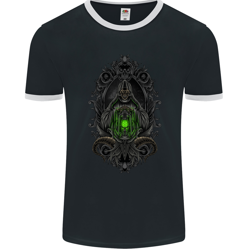 Grim Reaper Gothic Skull Heavy Metal Lantern Mens Ringer T-Shirt FotL Black/White