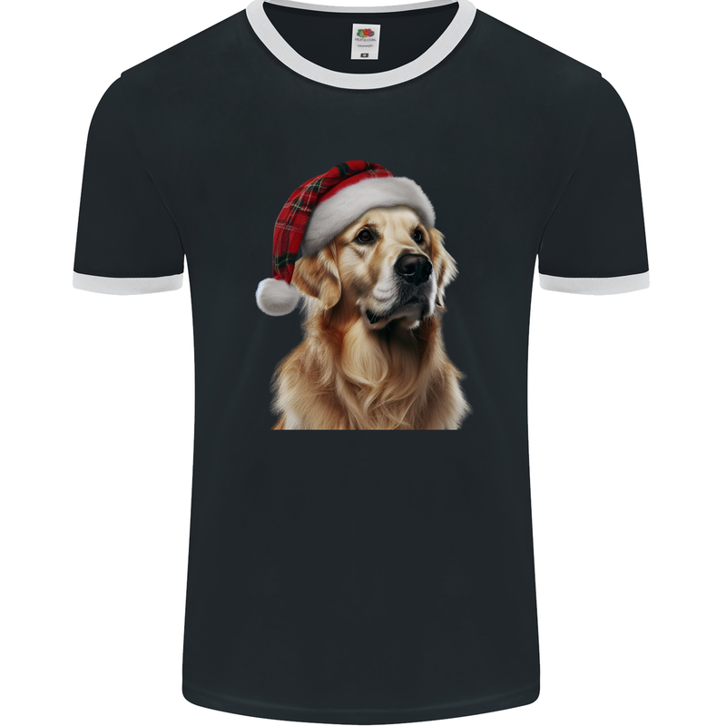 Christmas Golden Retriever Tartan Xmas Hat Dog Mens Ringer T-Shirt FotL Black/White