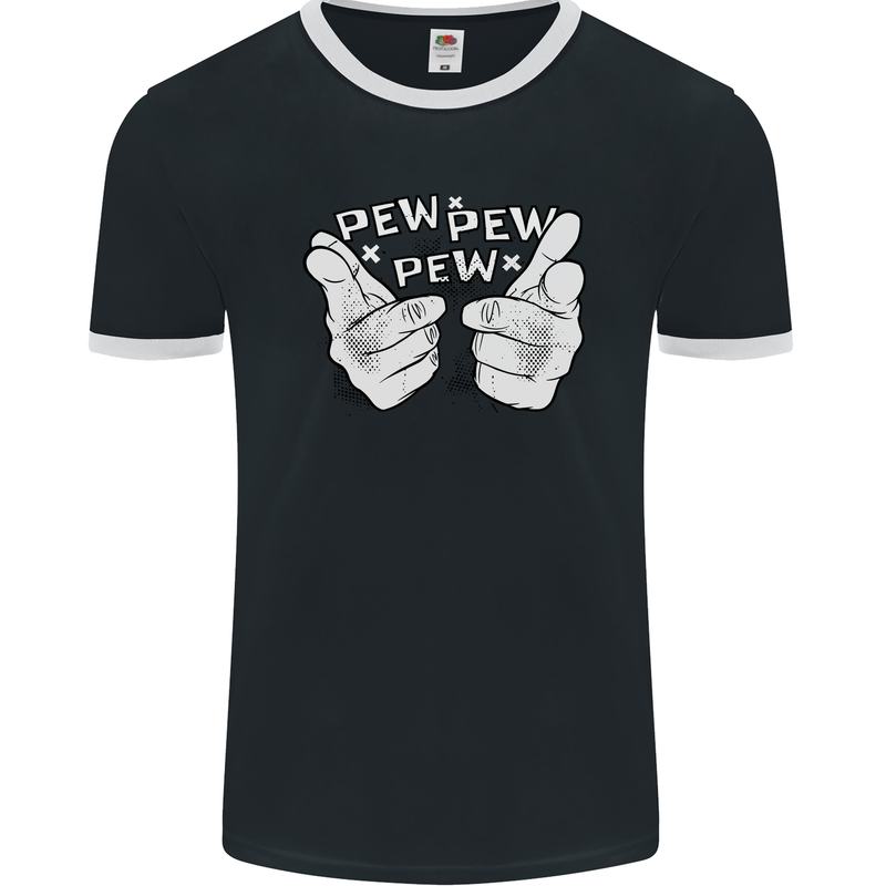 Pew Pew Pew Hands Funny Sci-Fi Lightsaber Mens Ringer T-Shirt FotL Black/White