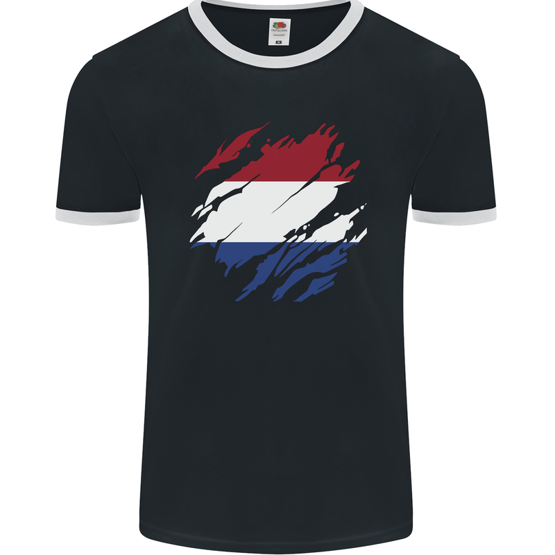 Torn Netherlands Flag Holland Dutch Day Football Mens Ringer T-Shirt FotL Black/White