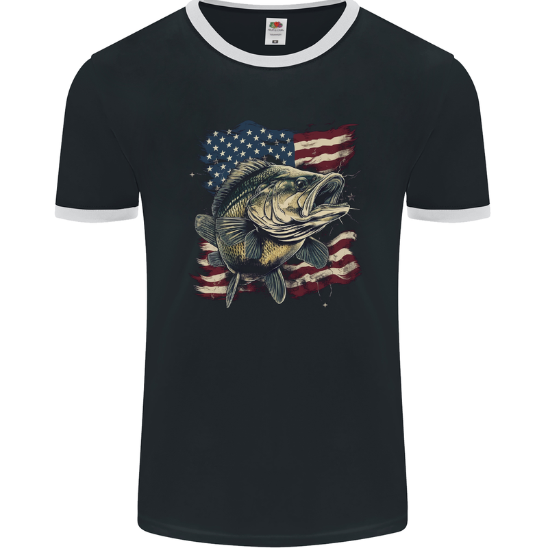 An American Deer With Flag USA Fishing Mens Ringer T-Shirt FotL Black/White