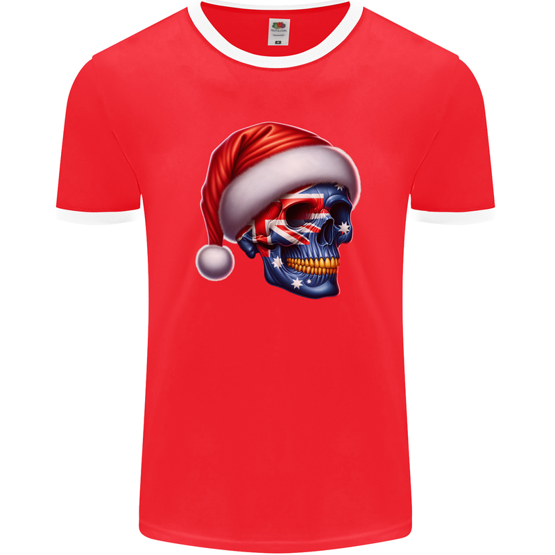 Australia Christmas Skull Australian Flag Biker Mens Ringer T-Shirt FotL Red/White