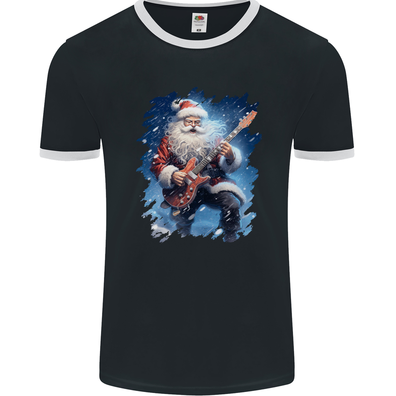 Rock Santa Playing Electric Guitar Christmas Xmas Mens Ringer T-Shirt FotL Black/White