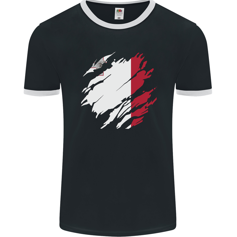 Torn Malta Flag Maltese Day Football Mens Ringer T-Shirt FotL Black/White