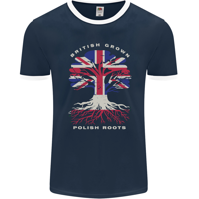 British Grown Polish Roots Poland Mens Ringer T-Shirt FotL Navy Blue/White