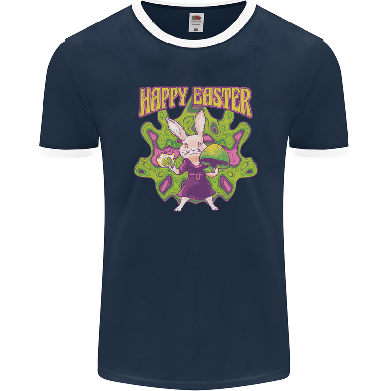 Trippy Easter Magic Mushrooms LSD Mens Ringer T-Shirt FotL Navy Blue/White