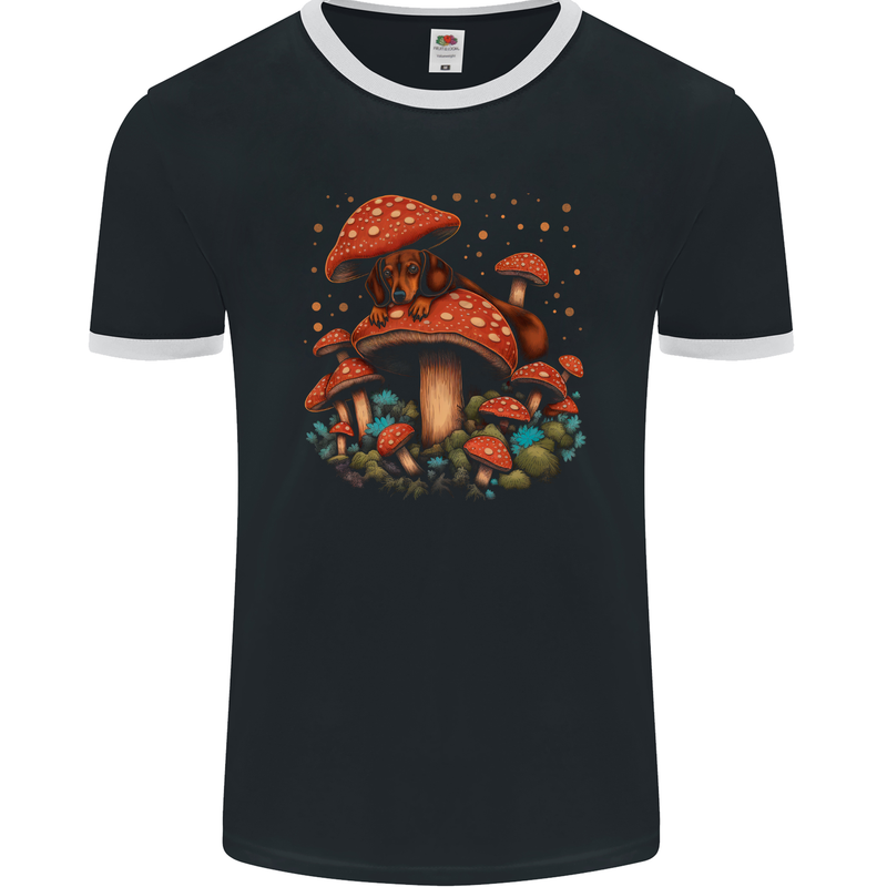 Dachshund With Mushrooms Dog Mens Ringer T-Shirt FotL Black/White