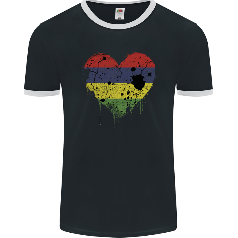 Love Mauritius Flag Mauritians Day Football Mens Ringer T-Shirt FotL Black/White