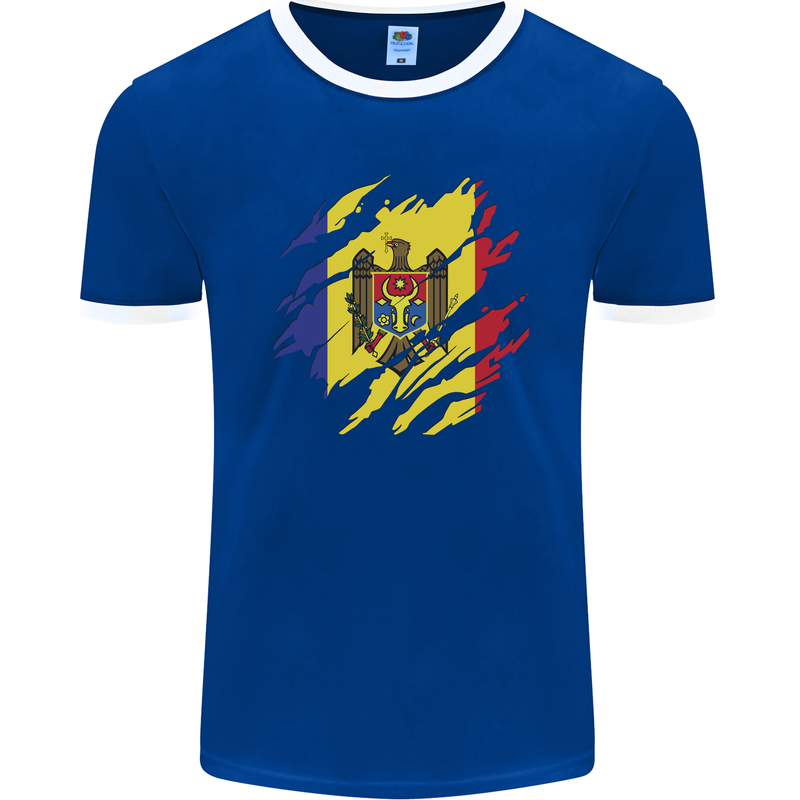 Torn Moldova Flag Moldovan Day Football Mens Ringer T-Shirt FotL Royal Blue/White