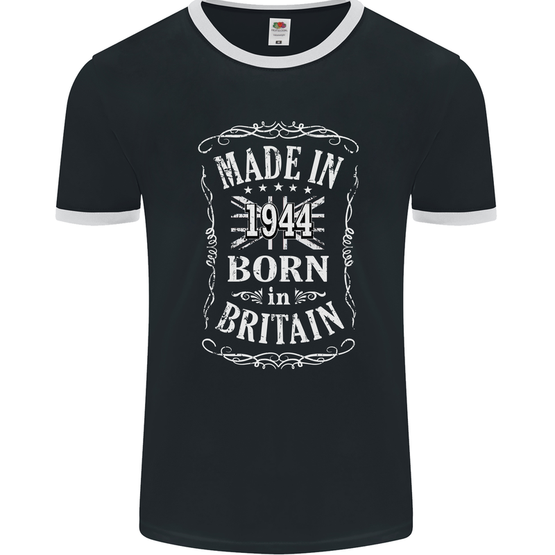 Born In Britain 79th Birthday Made 1944 Mens Ringer T-Shirt FotL Black/White