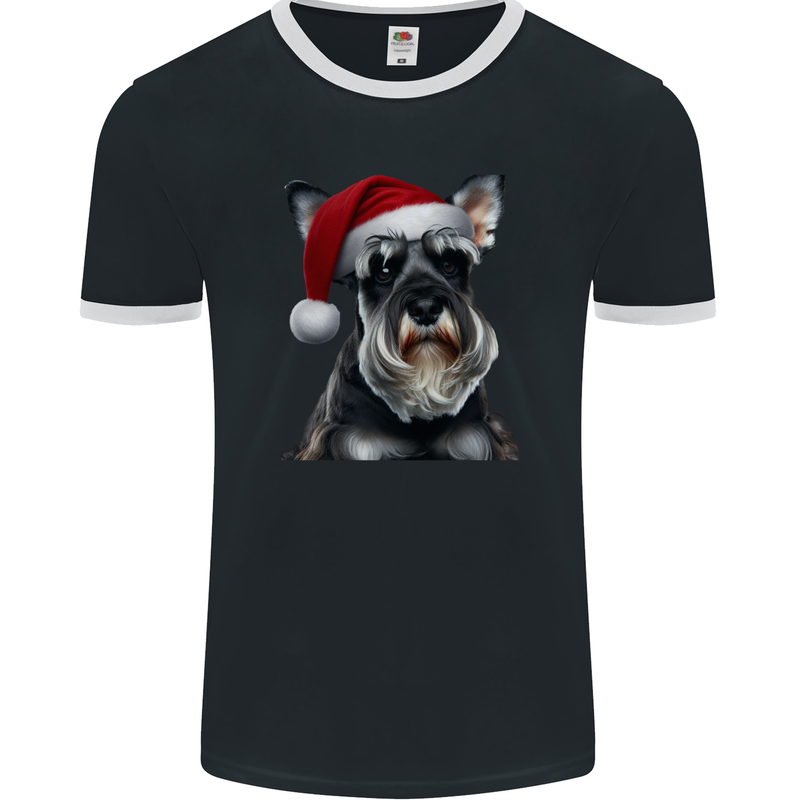 Christmas Schnauzer Dog Xmas Hat Mens Ringer T-Shirt FotL Black/White